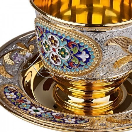 Чайная пара из серебра, эмаль на 140 мл